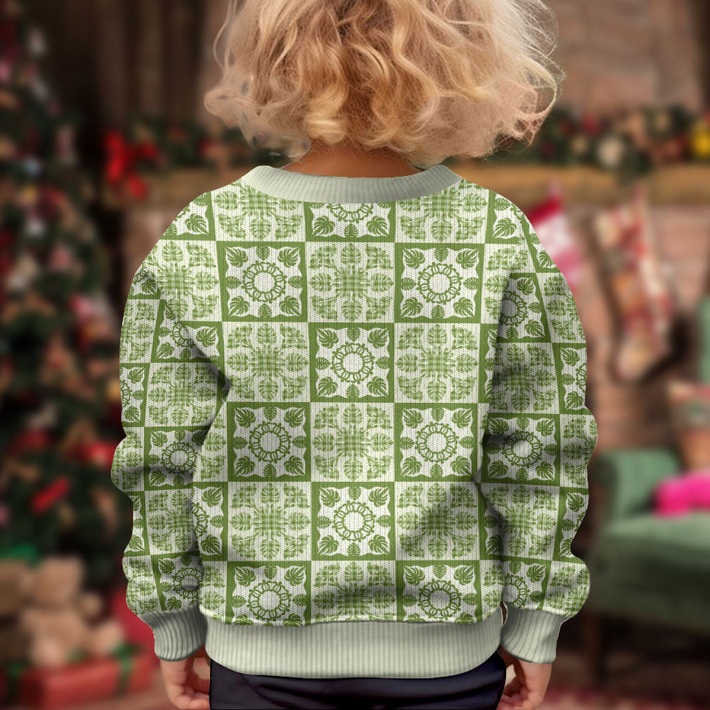 Omaomao Palaka Quilt Hawaii Kid Ugly Christmas Sweater Hawaiian Tropical Monstera Sea Turtle