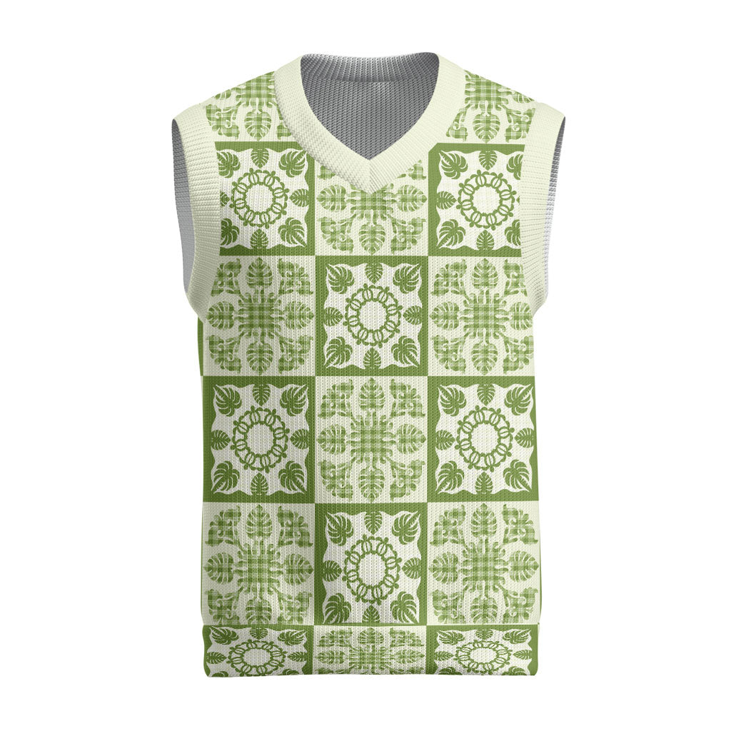 Omaomao Palaka Quilt Hawaii Christmas Knitted V-Neck Vest Hawaiian Tropical Monstera Sea Turtle
