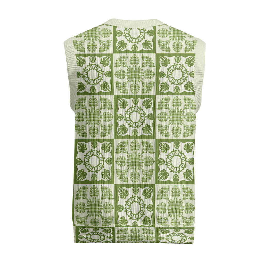 Omaomao Palaka Quilt Hawaii Christmas Knitted V-Neck Vest Hawaiian Tropical Monstera Sea Turtle