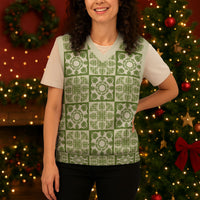 Omaomao Palaka Quilt Hawaii Christmas Knitted V-Neck Vest Hawaiian Tropical Monstera Sea Turtle