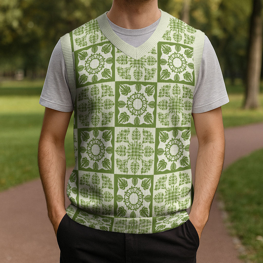 Omaomao Palaka Quilt Hawaii Christmas Knitted V-Neck Vest Hawaiian Tropical Monstera Sea Turtle