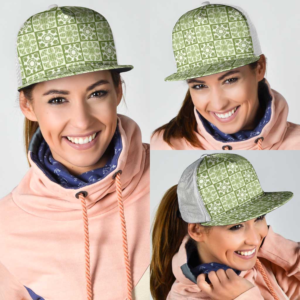 Omaomao Palaka Quilt Hawaii Mesh Trucker Cap Hawaiian Tropical Monstera Sea Turtle