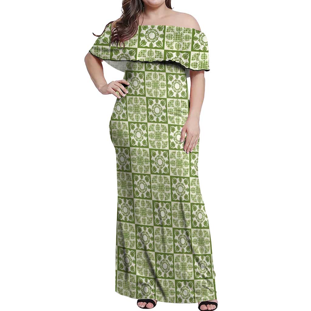 Omaomao Palaka Quilt Hawaii Off Shoulder Maxi Dress Hawaiian Tropical Monstera Sea Turtle
