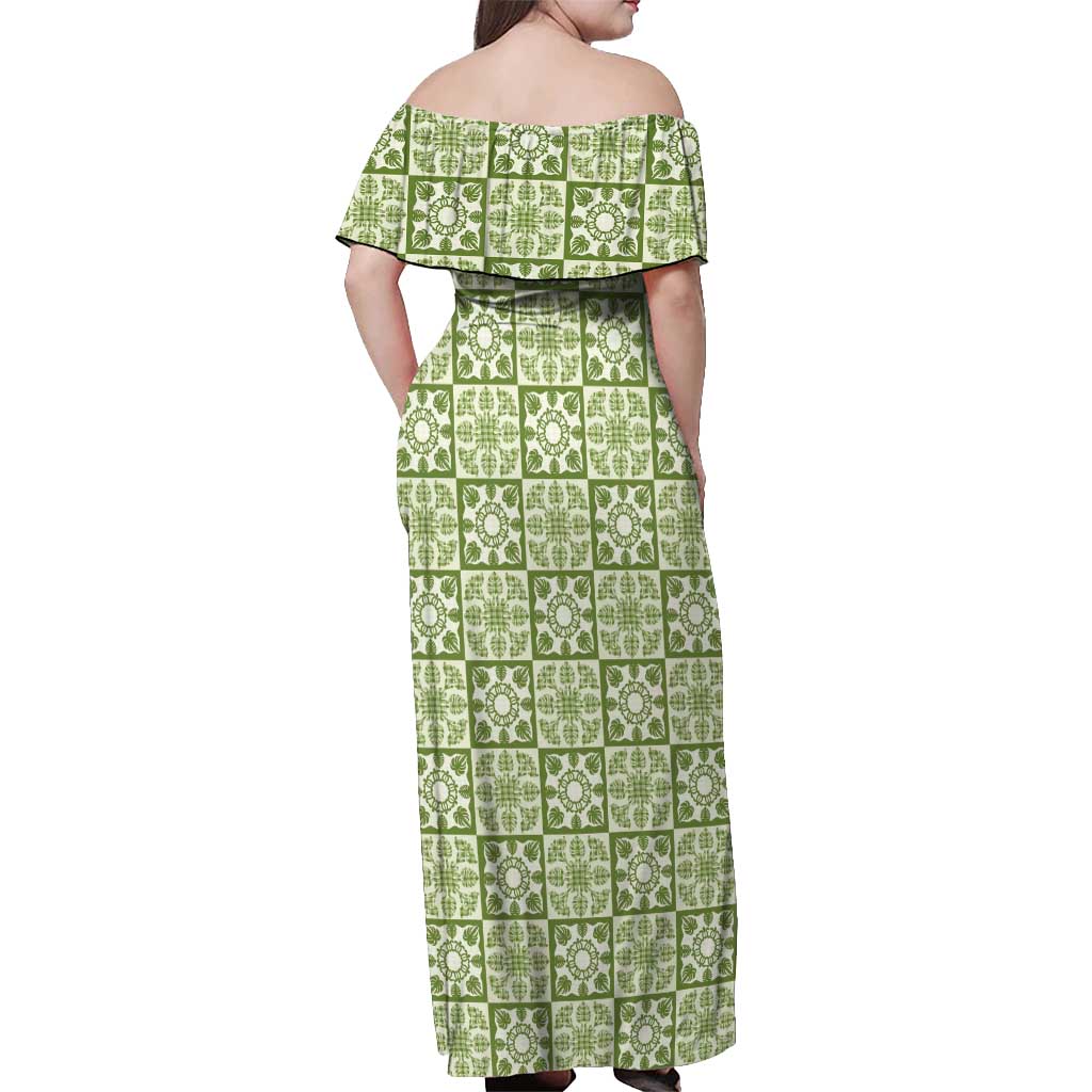 Omaomao Palaka Quilt Hawaii Off Shoulder Maxi Dress Hawaiian Tropical Monstera Sea Turtle