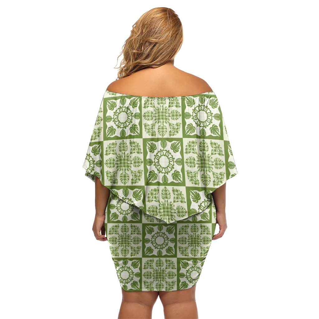 Omaomao Palaka Quilt Hawaii Off Shoulder Short Dress Hawaiian Tropical Monstera Sea Turtle