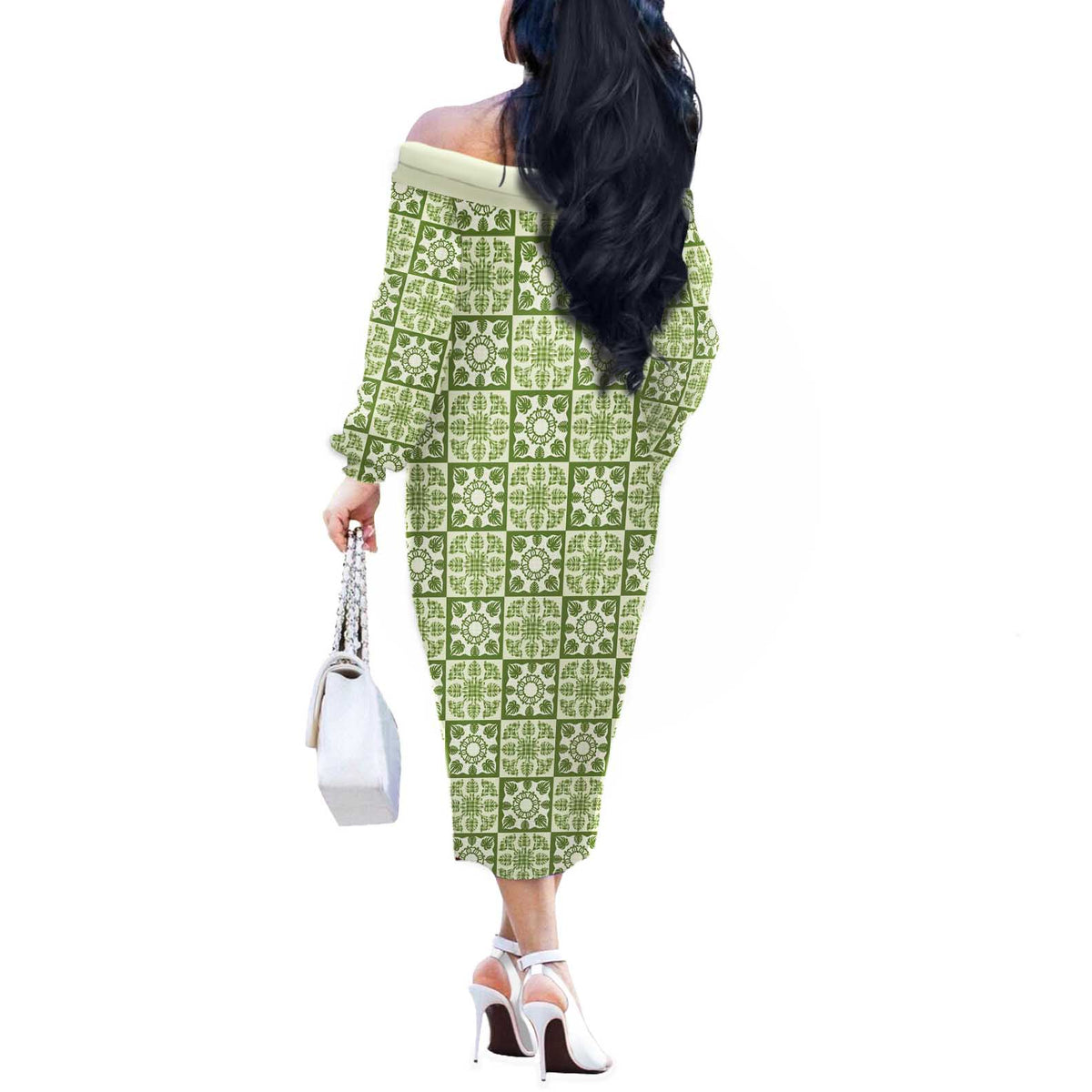 Omaomao Palaka Quilt Hawaii Off The Shoulder Long Sleeve Dress Hawaiian Tropical Monstera Sea Turtle
