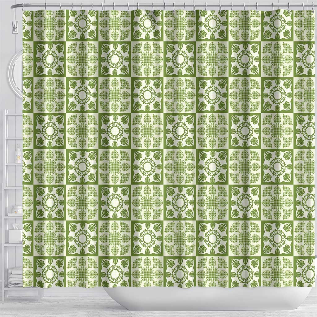 Omaomao Palaka Quilt Hawaii Shower Curtain Hawaiian Tropical Monstera Sea Turtle