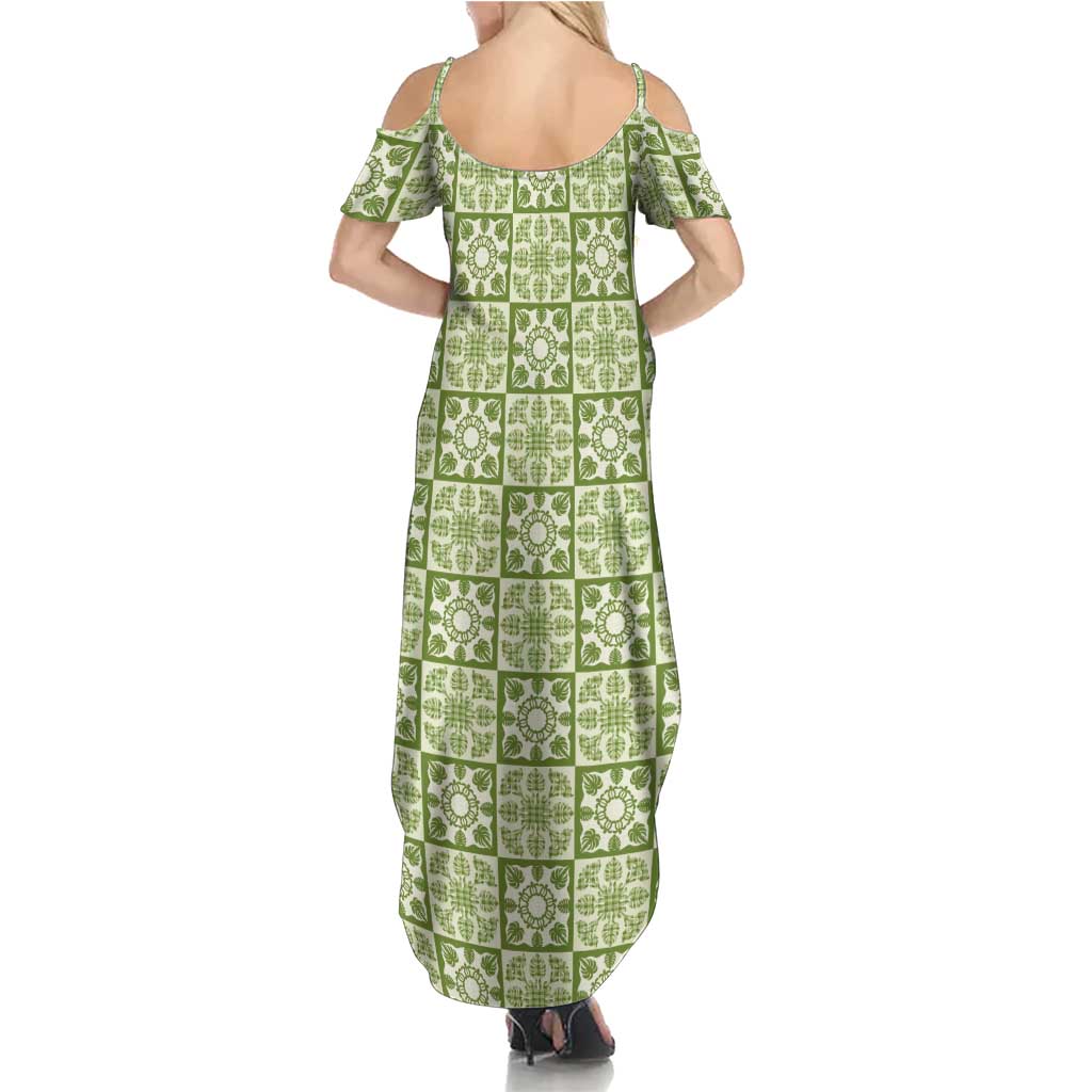 Omaomao Palaka Quilt Hawaii Summer Maxi Dress Hawaiian Tropical Monstera Sea Turtle