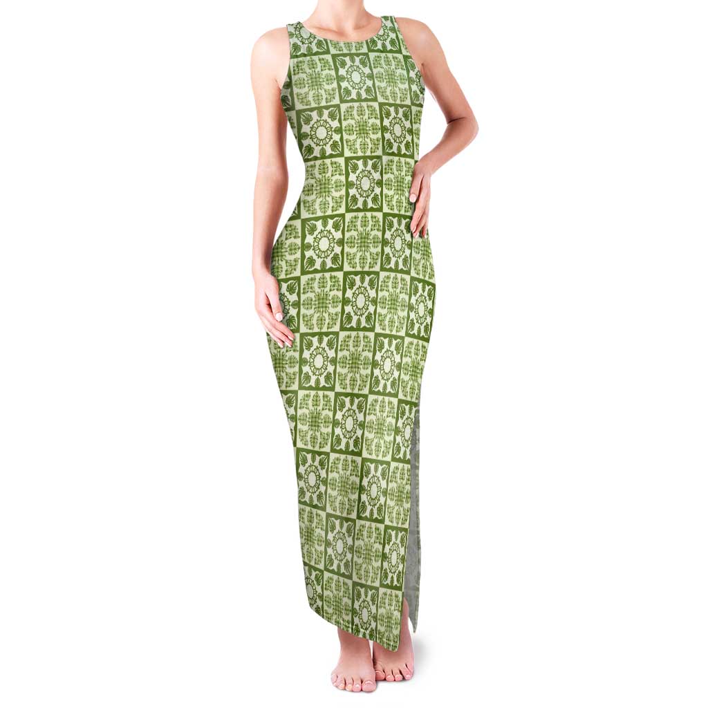 Omaomao Palaka Quilt Hawaii Tank Maxi Dress Hawaiian Tropical Monstera Sea Turtle