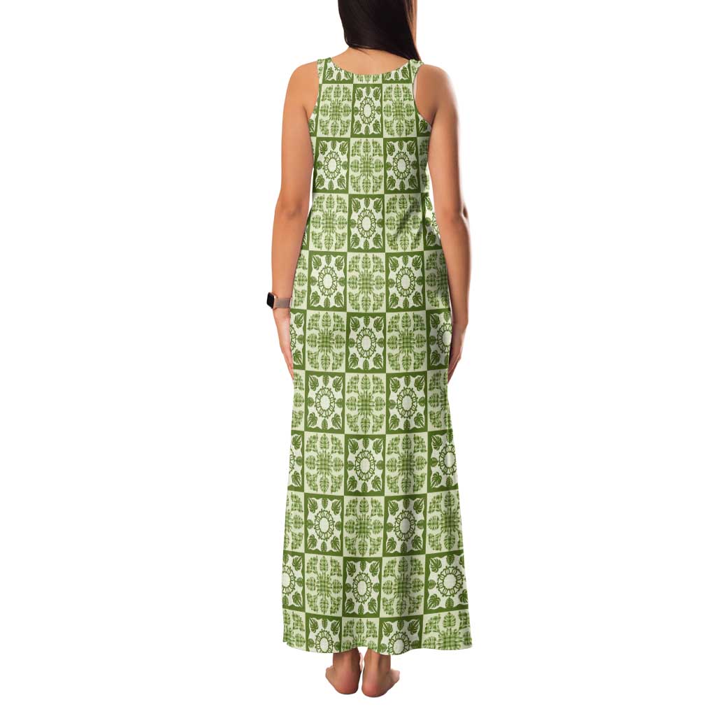 Omaomao Palaka Quilt Hawaii Tank Maxi Dress Hawaiian Tropical Monstera Sea Turtle