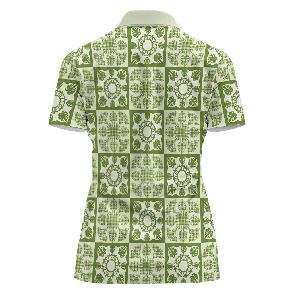 Omaomao Palaka Quilt Hawaii Women Polo Shirt Hawaiian Tropical Monstera Sea Turtle