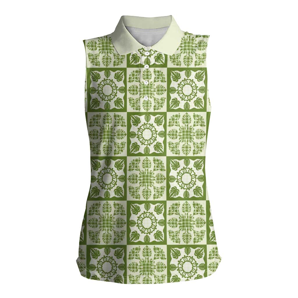 Omaomao Palaka Quilt Hawaii Women Sleeveless Polo Shirt Hawaiian Tropical Monstera Sea Turtle LT14 Female Green - Polynesian Pride