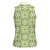Omaomao Palaka Quilt Hawaii Women Sleeveless Polo Shirt Hawaiian Tropical Monstera Sea Turtle LT14 - Polynesian Pride