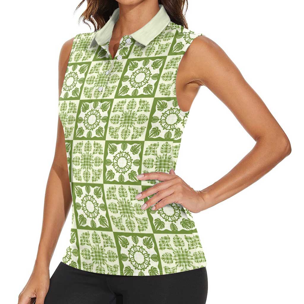 Omaomao Palaka Quilt Hawaii Women Sleeveless Polo Shirt Hawaiian Tropical Monstera Sea Turtle LT14 - Polynesian Pride