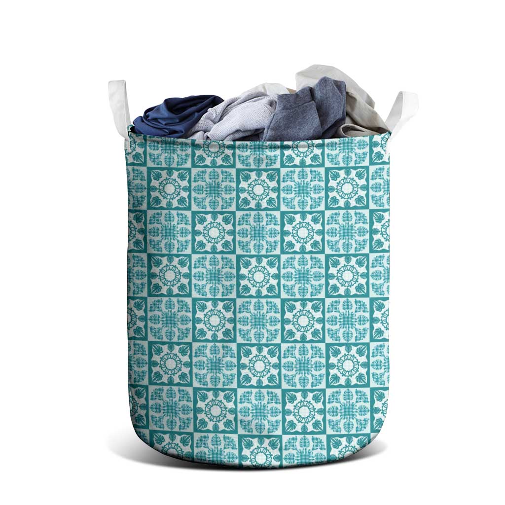 Cyan Palaka Quilt Hawaii Laundry Basket Hawaiian Tropical Monstera Sea Turtle