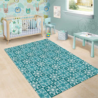 Cyan Palaka Quilt Hawaii Area Rug Hawaiian Tropical Monstera Sea Turtle