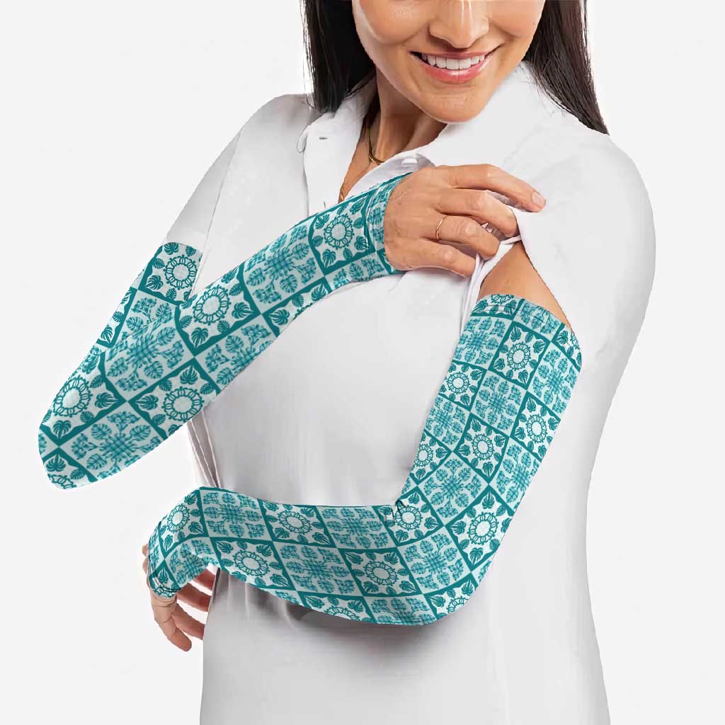 Cyan Palaka Quilt Hawaii Arm Sleeves Hawaiian Tropical Monstera Sea Turtle