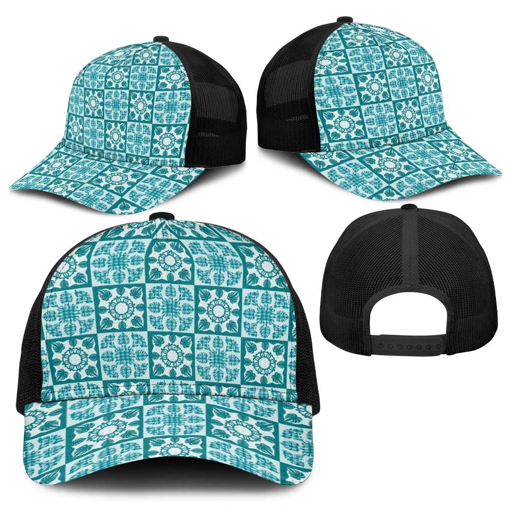 Cyan Palaka Quilt Hawaii Baseball Net Cap Hawaiian Tropical Monstera Sea Turtle