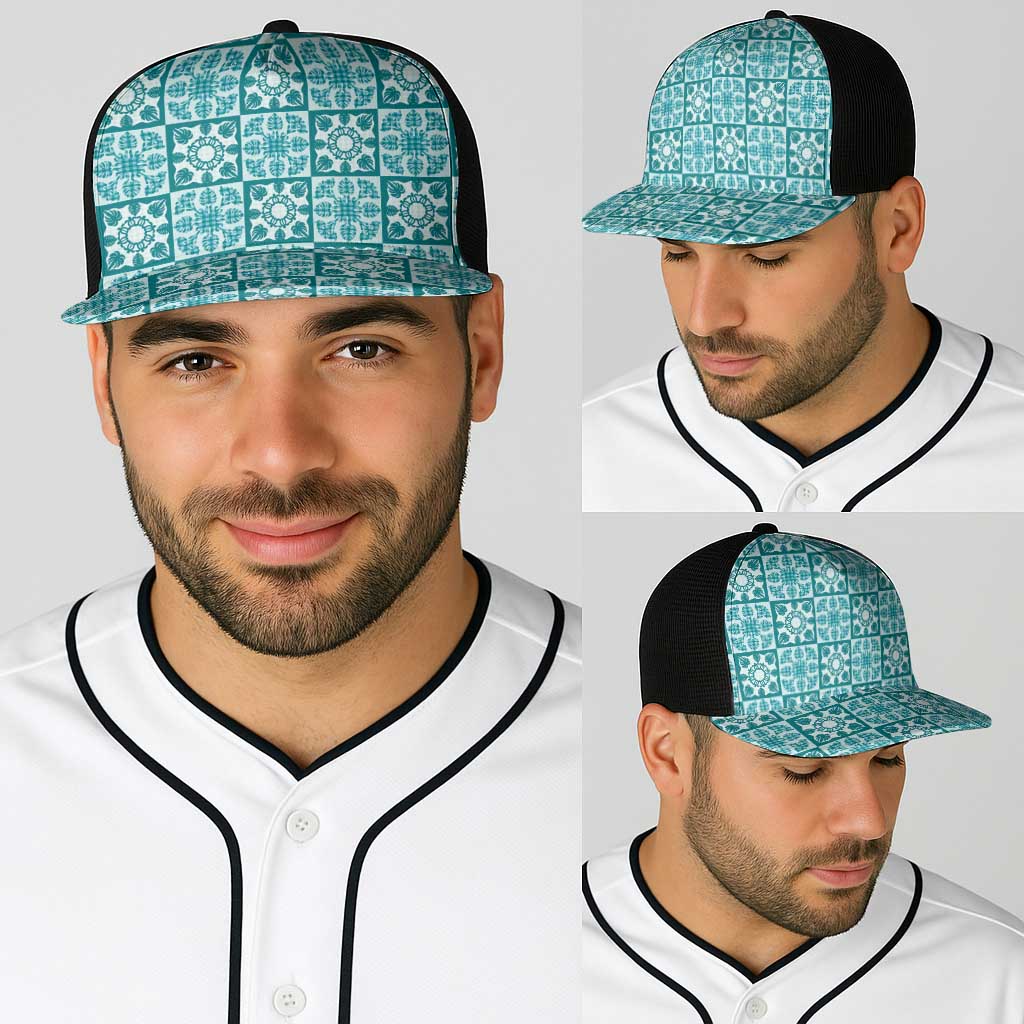 Cyan Palaka Quilt Hawaii Baseball Net Cap Hawaiian Tropical Monstera Sea Turtle