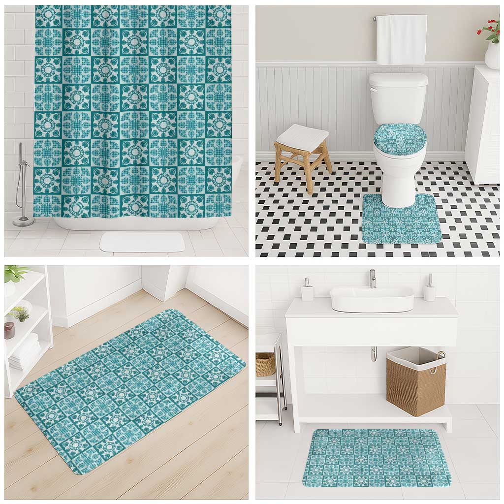 Cyan Palaka Quilt Hawaii Bathroom Set Hawaiian Tropical Monstera Sea Turtle