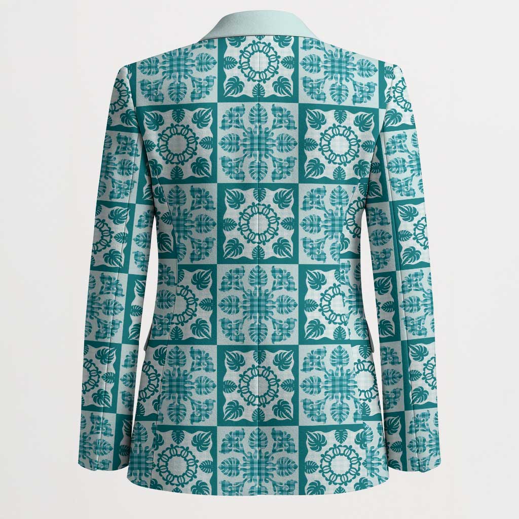 Cyan Palaka Quilt Hawaii Blazer Hawaiian Tropical Monstera Sea Turtle