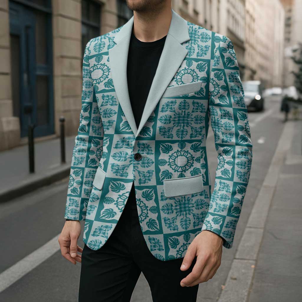 Cyan Palaka Quilt Hawaii Blazer Hawaiian Tropical Monstera Sea Turtle