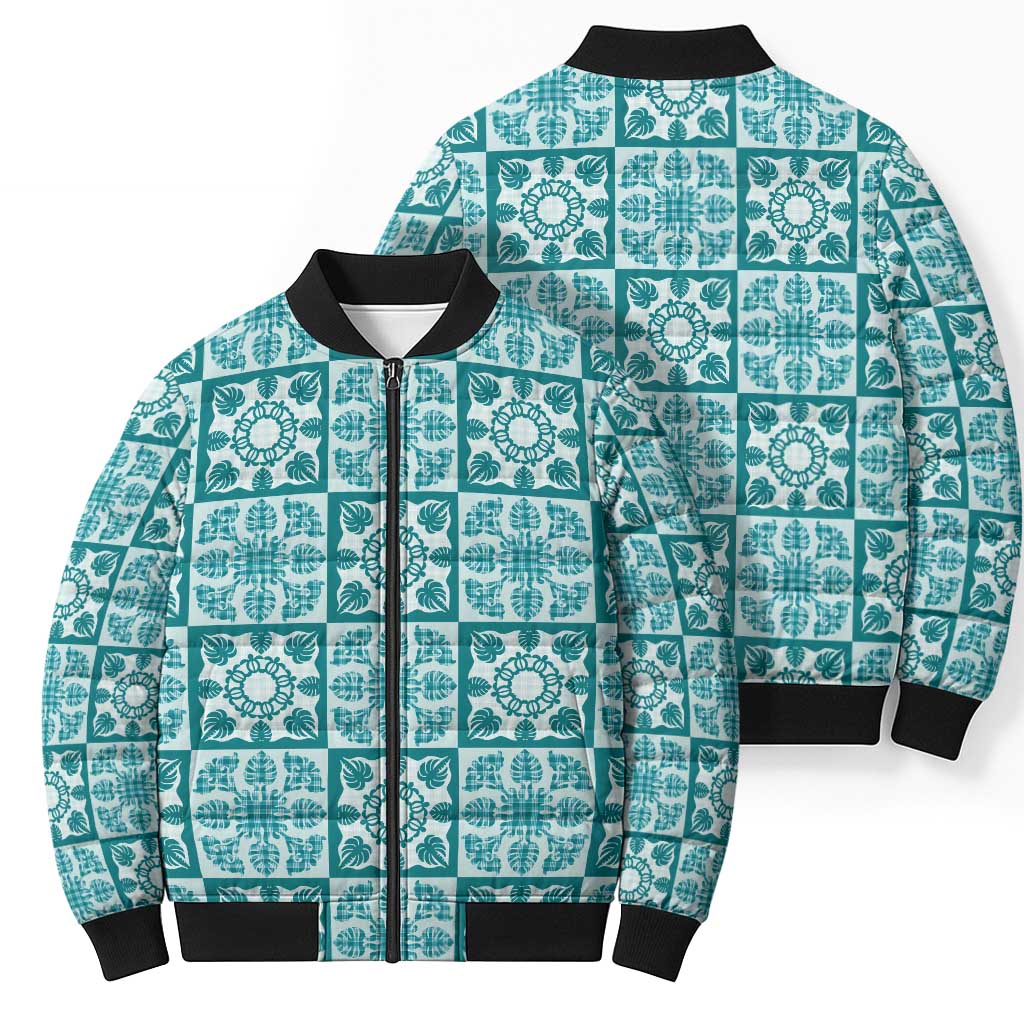 Cyan Palaka Quilt Hawaii Bomber Puffer Jacket Hawaiian Tropical Monstera Sea Turtle