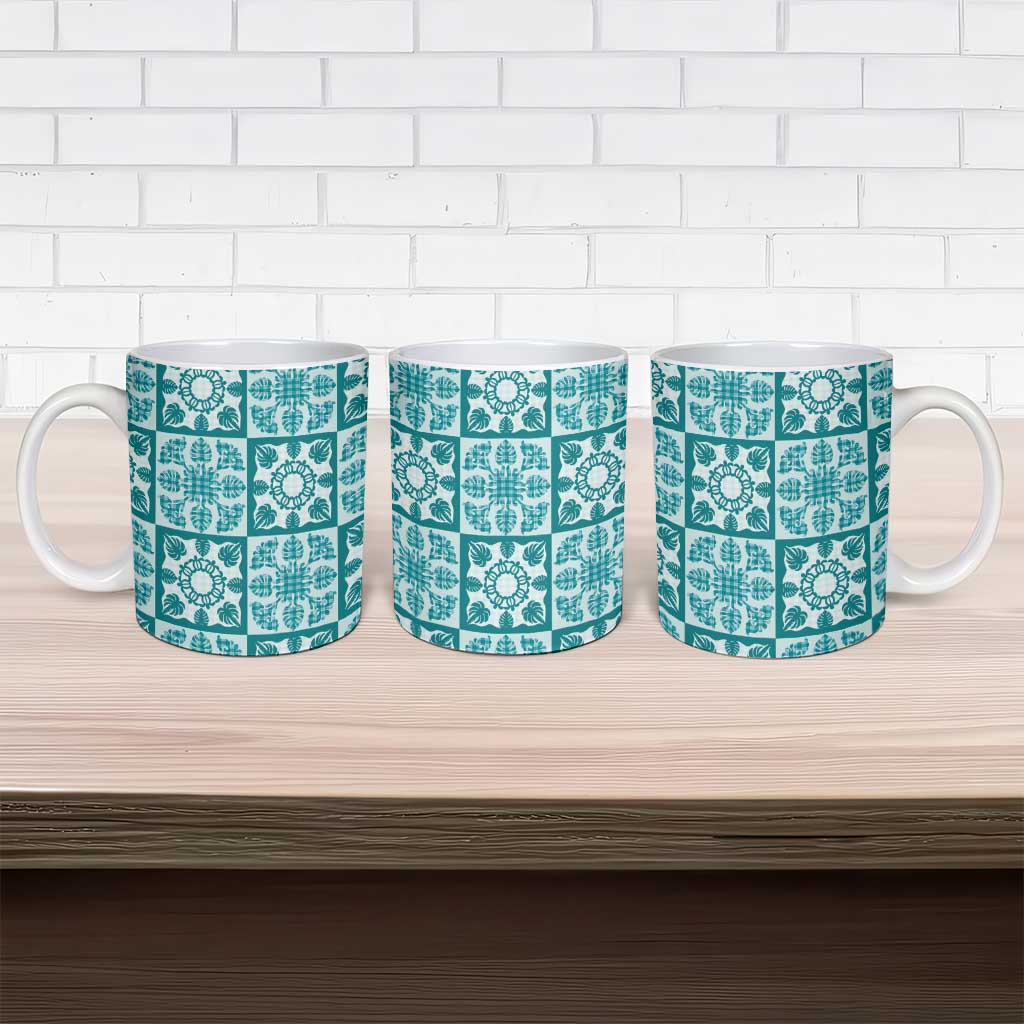 Cyan Palaka Quilt Hawaii Ceramic Mug Hawaiian Tropical Monstera Sea Turtle
