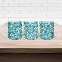 Cyan Palaka Quilt Hawaii Ceramic Mug Hawaiian Tropical Monstera Sea Turtle