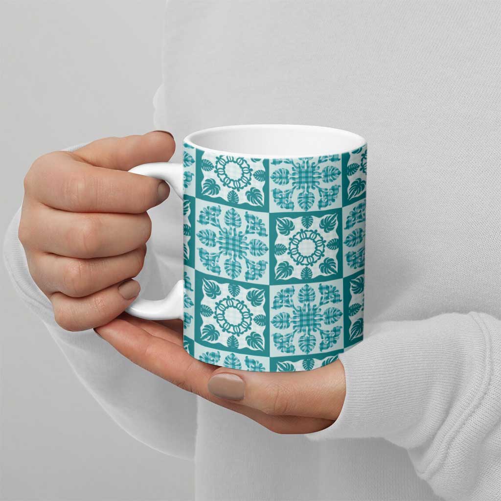 Cyan Palaka Quilt Hawaii Ceramic Mug Hawaiian Tropical Monstera Sea Turtle