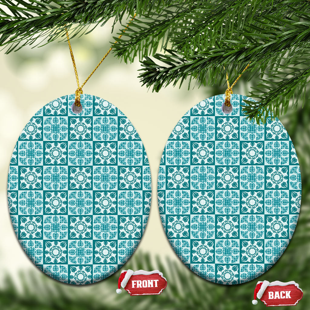 Cyan Palaka Quilt Hawaii Ceramic Ornament Hawaiian Tropical Monstera Sea Turtle