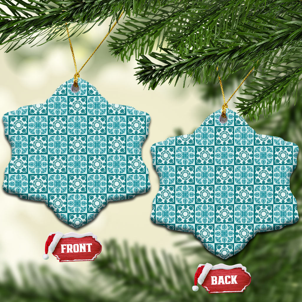 Cyan Palaka Quilt Hawaii Ceramic Ornament Hawaiian Tropical Monstera Sea Turtle