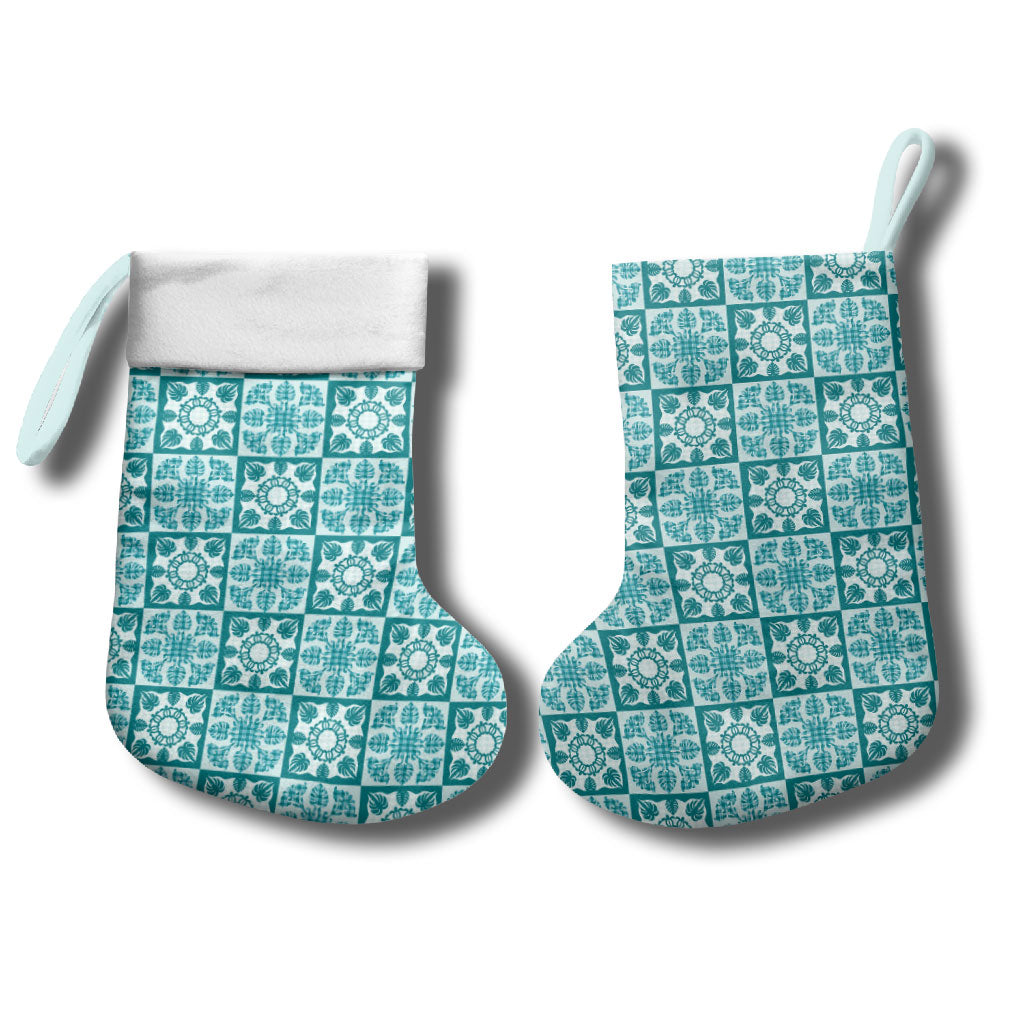 Cyan Palaka Quilt Hawaii Christmas Stocking Hawaiian Tropical Monstera Sea Turtle
