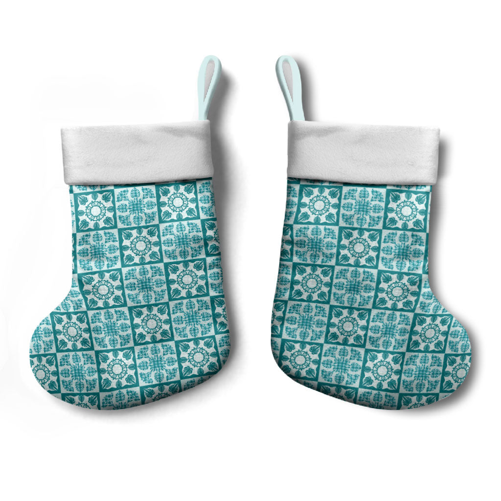 Cyan Palaka Quilt Hawaii Christmas Stocking Hawaiian Tropical Monstera Sea Turtle