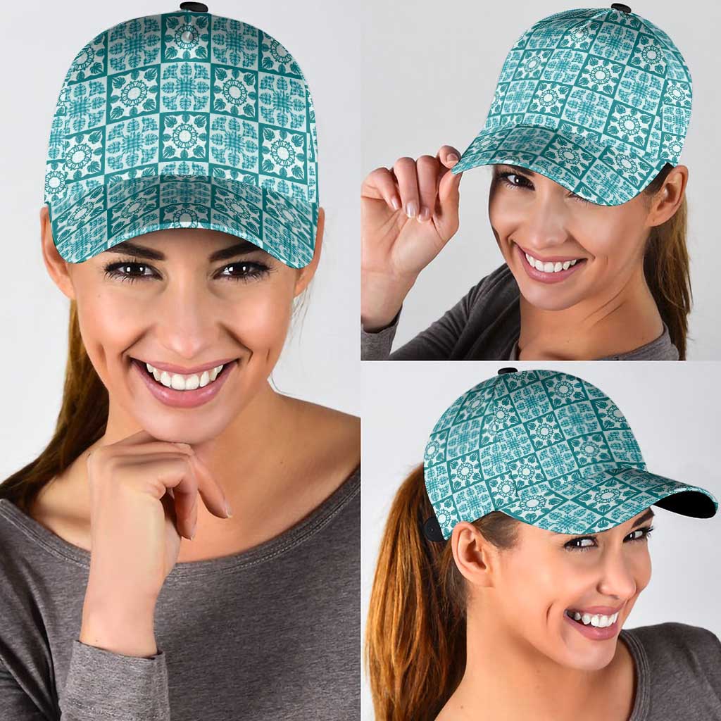 Cyan Palaka Quilt Hawaii Classic Cap Hawaiian Tropical Monstera Sea Turtle