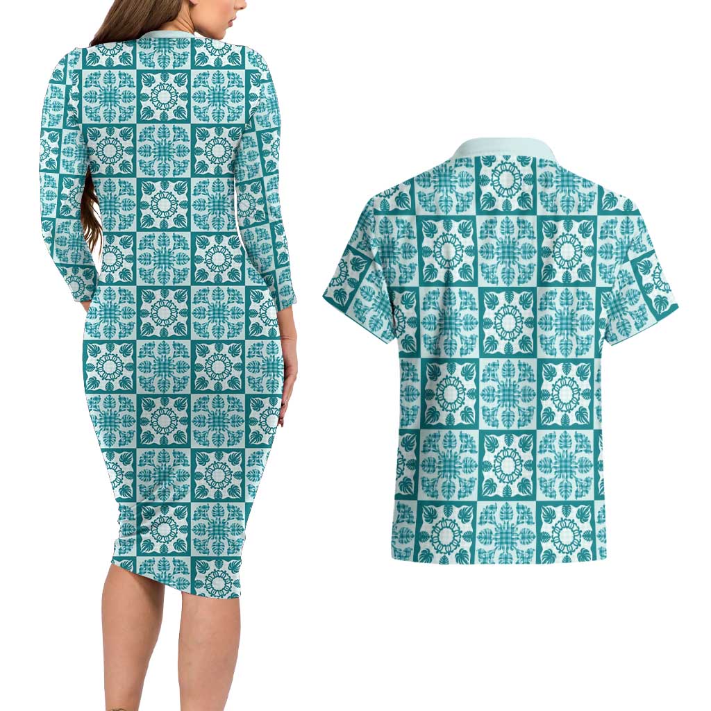 Cyan Palaka Quilt Hawaii Couples Matching Long Sleeve Bodycon Dress and Hawaiian Shirt Hawaiian Tropical Monstera Sea Turtle LT14 - Polynesian Pride