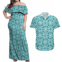 Cyan Palaka Quilt Hawaii Couples Matching Off Shoulder Maxi Dress and Hawaiian Shirt Hawaiian Tropical Monstera Sea Turtle LT14 Cyan - Polynesian Pride