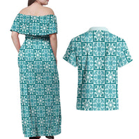 Cyan Palaka Quilt Hawaii Couples Matching Off Shoulder Maxi Dress and Hawaiian Shirt Hawaiian Tropical Monstera Sea Turtle LT14 - Polynesian Pride