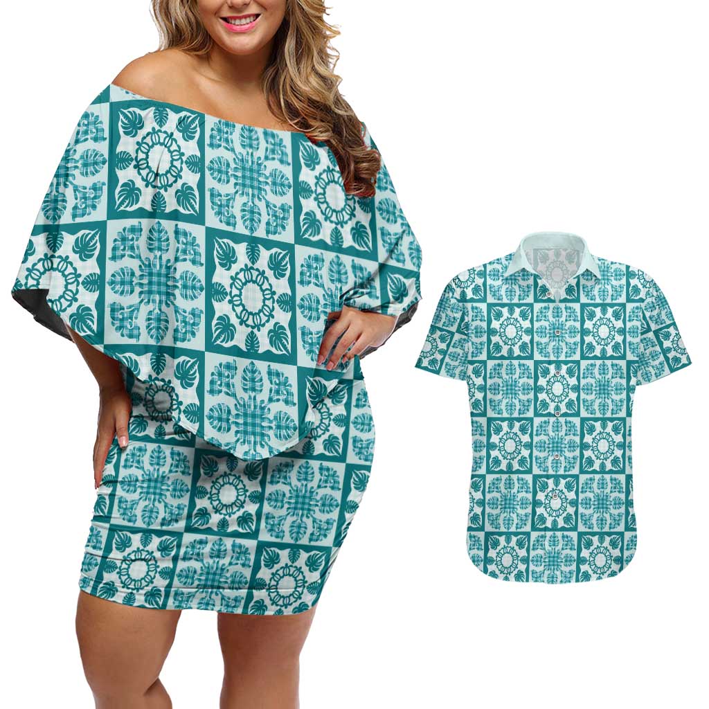 Cyan Palaka Quilt Hawaii Couples Matching Off Shoulder Short Dress and Hawaiian Shirt Hawaiian Tropical Monstera Sea Turtle LT14 Cyan - Polynesian Pride