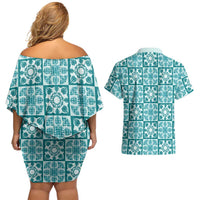 Cyan Palaka Quilt Hawaii Couples Matching Off Shoulder Short Dress and Hawaiian Shirt Hawaiian Tropical Monstera Sea Turtle LT14 - Polynesian Pride