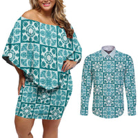 Cyan Palaka Quilt Hawaii Couples Matching Off Shoulder Short Dress and Long Sleeve Button Shirt Hawaiian Tropical Monstera Sea Turtle