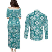 Cyan Palaka Quilt Hawaii Couples Matching Puletasi and Long Sleeve Button Shirt Hawaiian Tropical Monstera Sea Turtle