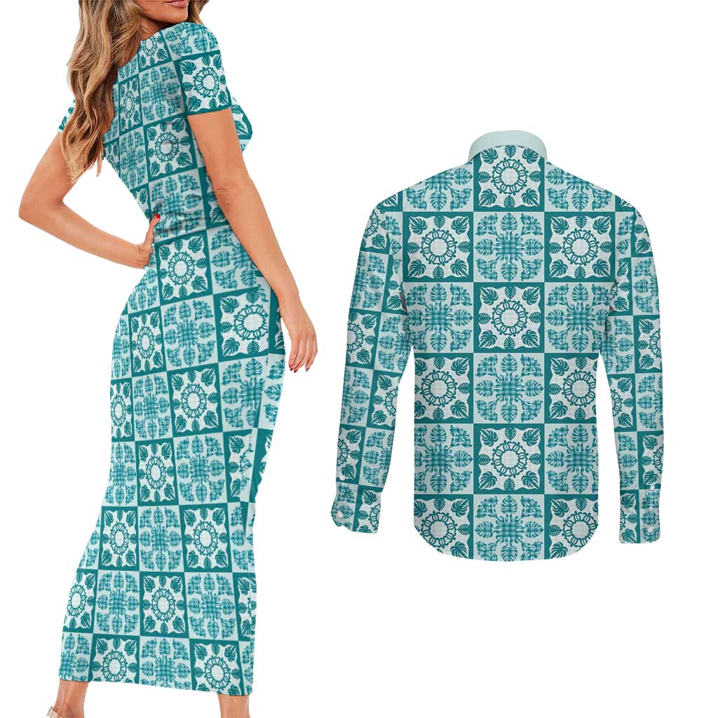 Cyan Palaka Quilt Hawaii Couples Matching Short Sleeve Bodycon Dress and Long Sleeve Button Shirt Hawaiian Tropical Monstera Sea Turtle LT14 - Polynesian Pride