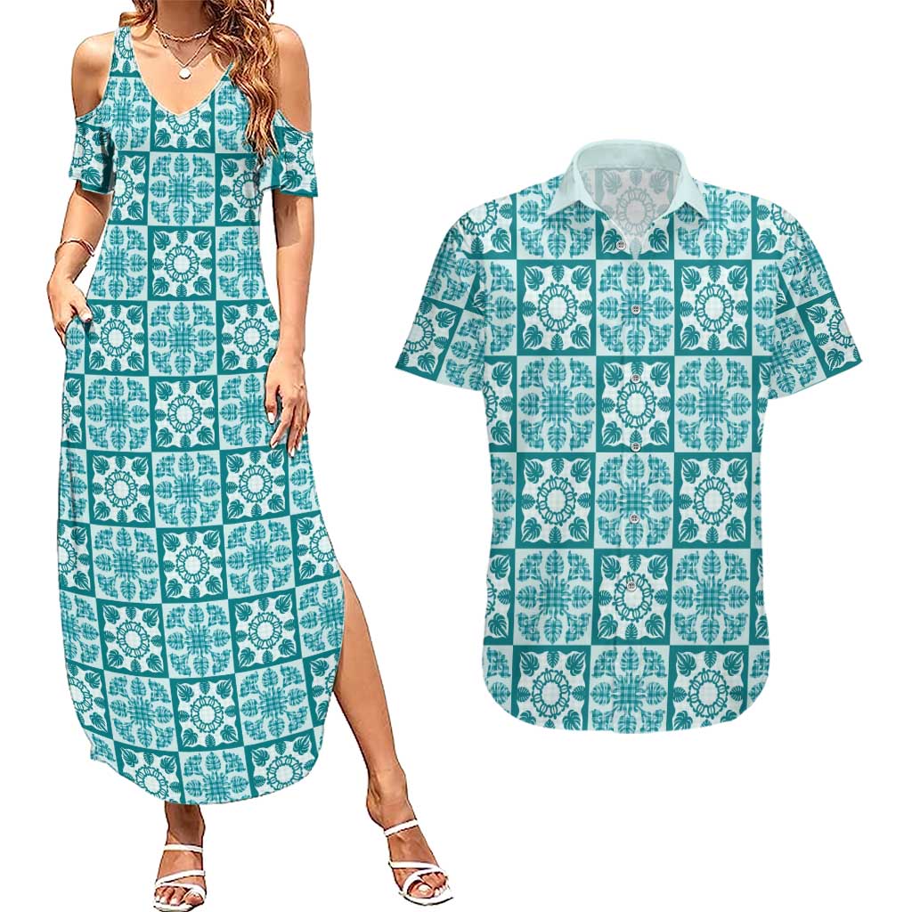 Cyan Palaka Quilt Hawaii Couples Matching Summer Maxi Dress and Hawaiian Shirt Hawaiian Tropical Monstera Sea Turtle LT14 Cyan - Polynesian Pride