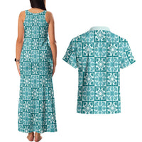 Cyan Palaka Quilt Hawaii Couples Matching Tank Maxi Dress and Hawaiian Shirt Hawaiian Tropical Monstera Sea Turtle LT14 - Polynesian Pride