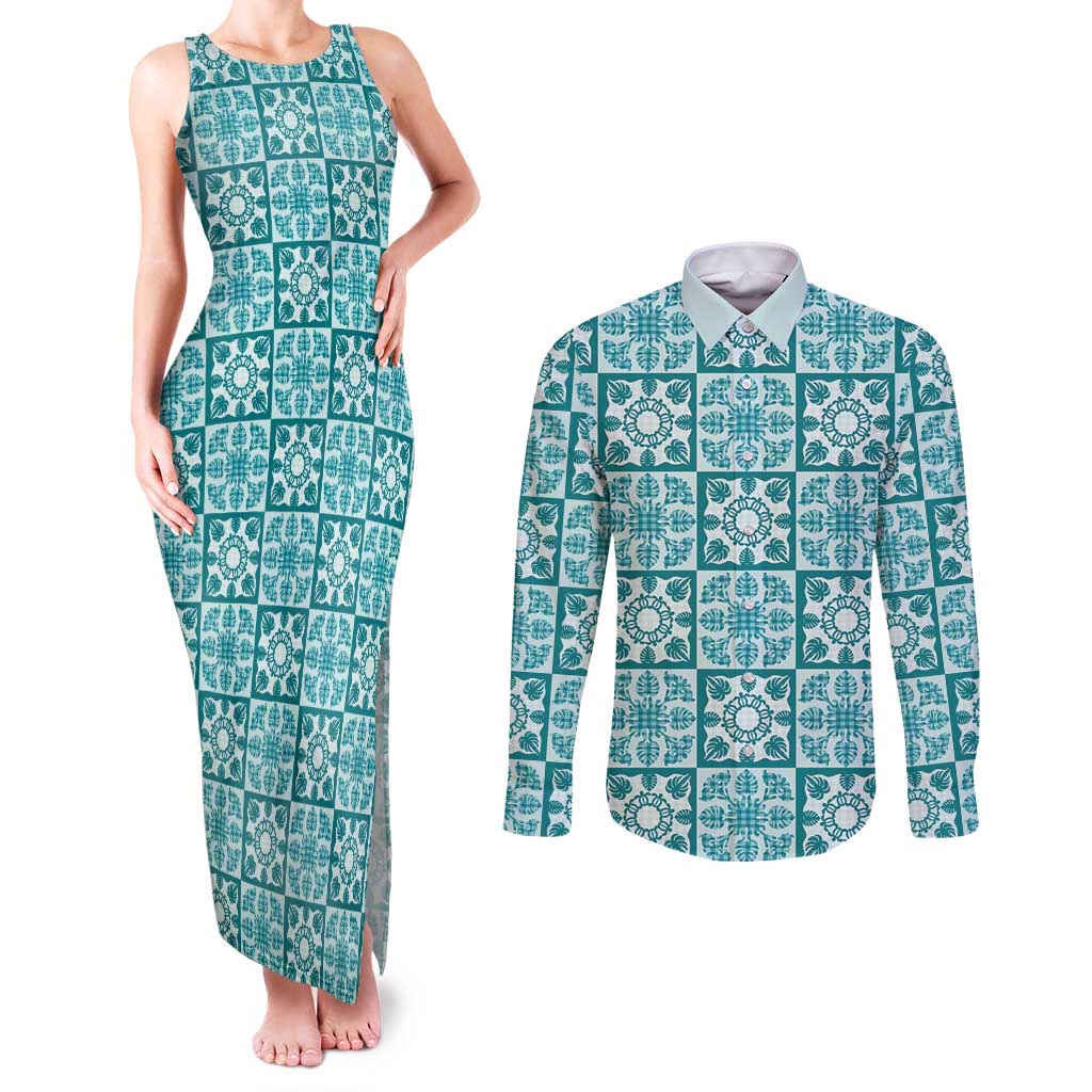 Cyan Palaka Quilt Hawaii Couples Matching Tank Maxi Dress and Long Sleeve Button Shirt Hawaiian Tropical Monstera Sea Turtle