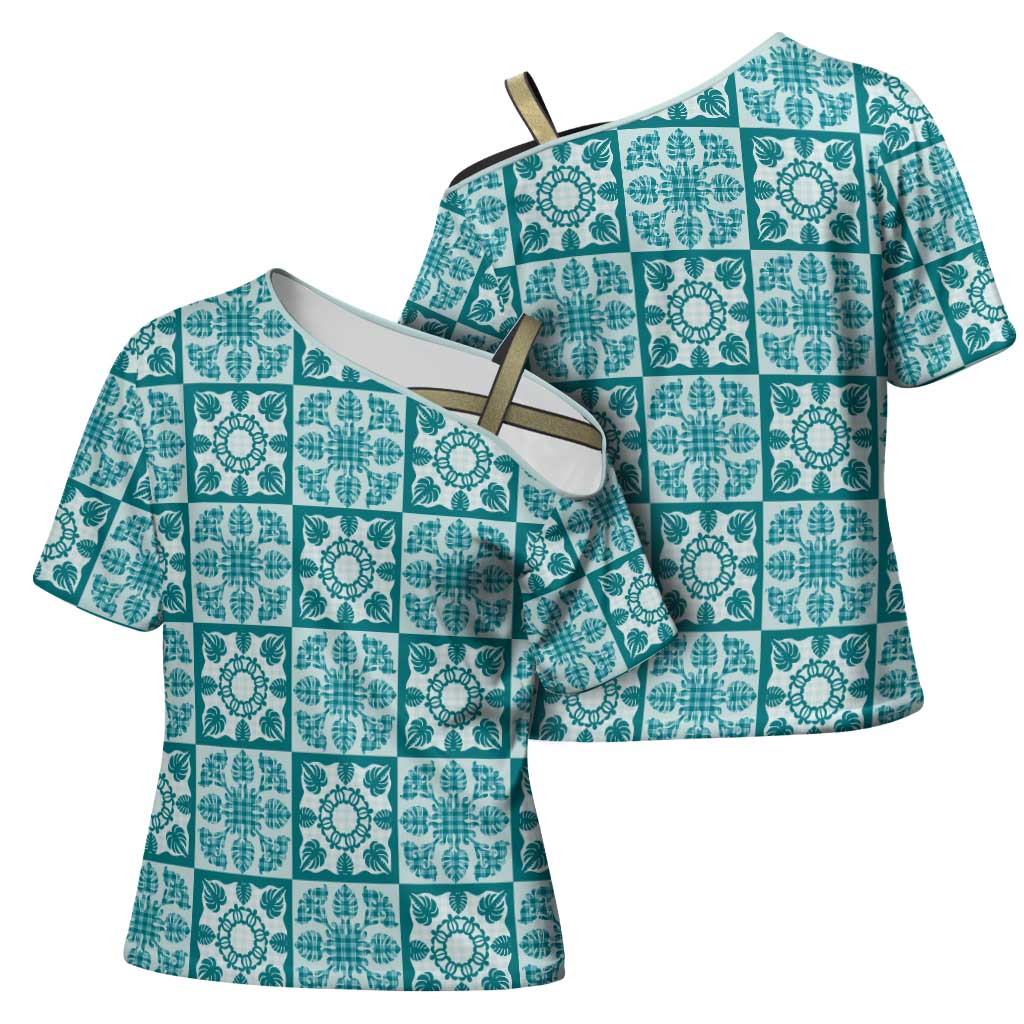Cyan Palaka Quilt Hawaii Cross Shoulder Shirt Hawaiian Tropical Monstera Sea Turtle