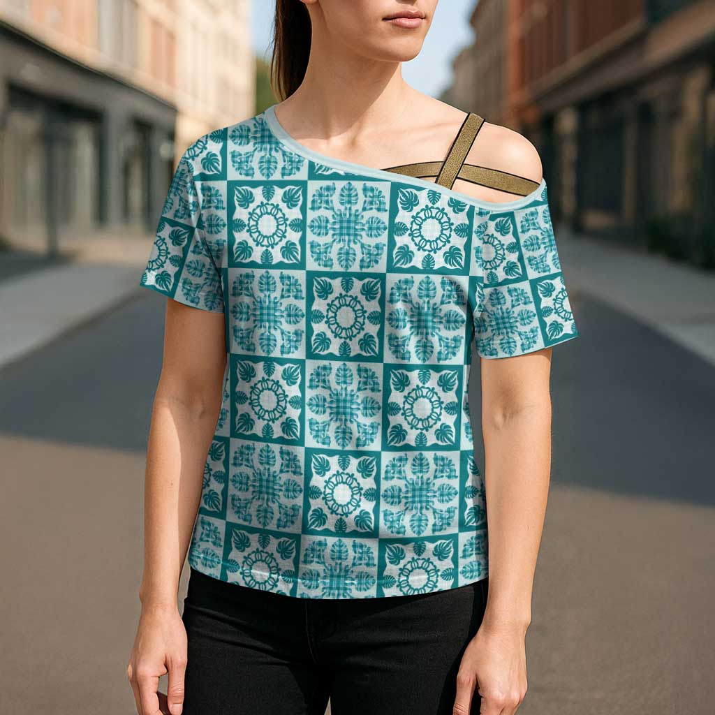 Cyan Palaka Quilt Hawaii Cross Shoulder Shirt Hawaiian Tropical Monstera Sea Turtle