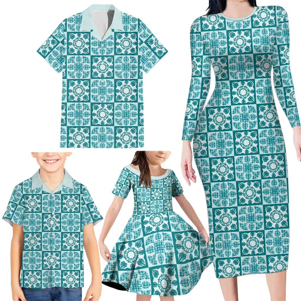 Cyan Palaka Quilt Hawaii Family Matching Long Sleeve Bodycon Dress and Hawaiian Shirt Hawaiian Tropical Monstera Sea Turtle LT14 - Polynesian Pride
