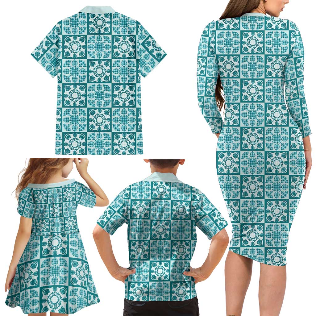 Cyan Palaka Quilt Hawaii Family Matching Long Sleeve Bodycon Dress and Hawaiian Shirt Hawaiian Tropical Monstera Sea Turtle LT14 - Polynesian Pride